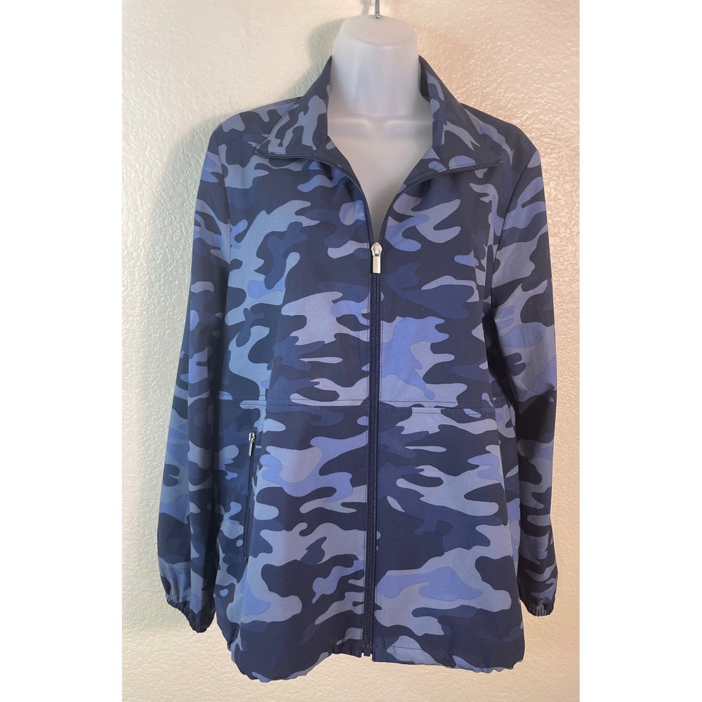 Chicos Zenergy 2 US 12/14 Jacket Blue Camo Full Zip Activewear Mock Neck Outdoor
